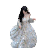 Vintage Oil Painting Style Print Sling Dress Summer Atmosphere Super Fairy Romantic High-Rise Thin Dress Temperament Dress