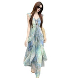 Summer New Super Fairy Faint Printing Sleeveless Dress Holiday Wind To Show Thin Leaves Side Long Skirt