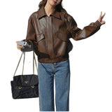 Brown Leather Coat Woman 2026 New Retro Leisure Small Locomotive Suit Pu Leather Jacket Top