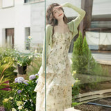 French Green Floral Sling Dress Summer 2025 Super Xiansen High-End Chic Stunning Skirt Two-Piece