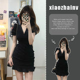 Black V-Neck Bubble-Sleeved Dress Women's Summer Niche Design With Fishtail Dress Korean Style