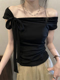 Pure Desire A Word Shoulder ~ Design Feel Shoulder Hanging Neck Short Sleeve T-Shirt For The New Summer Slimming Tset