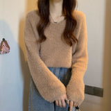 Soft Soft Glutinous Sweater Women's Autumn And Winter White Languid Wind High Sense V-Neck Knitted Shirt Loose Long-Sleeved Top