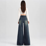Vintage High-Waisted Denim Horn Trousers Women's Elastic Pants Pear Shape Body Does Not Stick To The Leg Hanging Loose Broad Leg Micro-Speaker