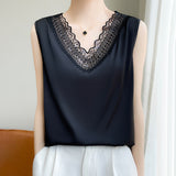 Silk Satin 2026 Spring And Summer Women's New V-Neck Sleeveless Small Vest T-Shirt Mesh Spliced Blouse Loose Sling