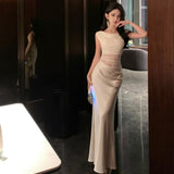 Net Yarn Denight Spliced Oblique Shoulder Dress Femininity Slime-Skinny Ass Vacation High-End Sling Skirt