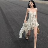 French Temperament Sling Dress Fairy Seaside Holiday Dress New Irregular Lotus Leaf Side Dress