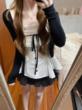 Sweet Sister College Style Black Long-Sleeved Knitted Shirt Coat + Bow Sling Suit + Wave Point Skirt Three-Piece Set