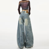 Vintage Worn Scissors Jeans Women's Trend With New Loose Broad-Legged Sleek Trousers High-Waisted Trousers