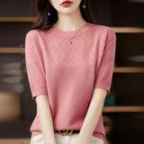 Wool Blending 2026 Autumn And Winter New Women's Round Collar Collar Drawing Solid Color Hollow Top Five-Sleeve Knitted Shirt