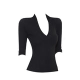 Hottie Style Black V-Neck Mid-Sleeve T-Shirt Girl Spring And Summer New Slim Slim Tops Comfortable Shoulder-To-Shoulder Shirt