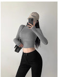 Pure Hot Girl Half-High Collar Shoulder Long-Sleeved T-Shirt Autumn And Winter New Side-Waist Folded Elastic Repair Shirt Short
