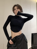Early Autumn Hottie Wind Folded Shoulder Long-Sleeved T-Shirt Design Black Thin Half-High Collar Short Umbilical Top