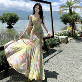French Holiday Wind Seaside Photo Dizzling Elastic Net Yarn Thin Fishtail Hanging Dress To Collect The Waist And Hip Dress