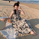 China Feng Shui Ink Print V Tie Dress Summer Women's Small Loose Lazy Over The Knee Long