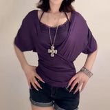 Fat Sister Pure Hottie Big Neckline Neckline Waist Short Sleeve Top Lady Summer New Lace Hanging Neck Sling Suit