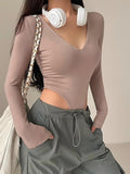 Spice Girl Sexy V-Neck Elastic Tightness Showing Lean Long Sleeves Solid-Colored Bottoming T-Shirt Blouse Woman 2025 Spring And Autumn