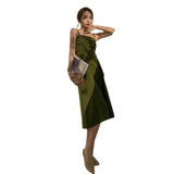 Summer New Long Avocado Green Little Fairy Dress A Word Waist Drawstring Slings Holiday Dress Woman