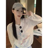 Lazy Wind Leisure Long-Sleeved Round-Neck Print T-Shirts For Summer Loose Thin Sunscreen Shirt White Thin Top