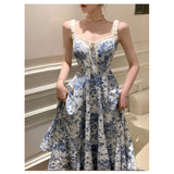 French Floral Sling Dress Dress Women's 2025 Summer New Age-Down Blue Dress Waist A Word Long Dress