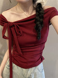 Pure Desire A Word Shoulder ~ Design Feel Shoulder Hanging Neck Short Sleeve T-Shirt For The New Summer Slimming Tset