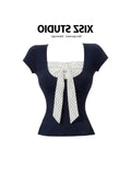 Crash Color Fake Two-Piece Collar Short-Sleeved T-Shirt Girl Summer Sweet Spicy Storm Point Splicing Bows To Reduce The Age Of Thin Tops