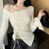 Leaning Long-Sleeved T-Shirt Girls Spring And Autumn Irregular Slimming Shirt Chic Sweet Spicy Top Design Sense Niche
