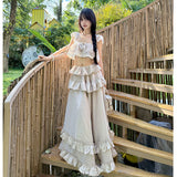 French-Style Island Resort Lotus Leaf Side Split Sling Dress Super Fairy Princess Style Style Set