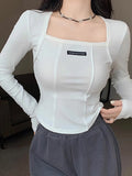Design Sense Collar Fish Bone Shoulder Long Sleeve Bottom Shirt In Autumn New Korean Version Slim Thin Short Top