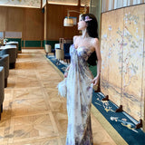 French Niche Beauty Fairy Out Of The Seaside Holiday Dress Sexy Pure Desire V Tie Hanging Print Dress Woman