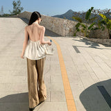Old Money Style Lazy And Relaxed Holiday Wearing A Female Summer Hanging Neck On The Back Of The High Waist Broad Leg Trousers Two Sets