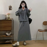 Large-Size Gray Fake Two-Piece Jacket Half-Dress Two Sets Of Women's Autumn And Winter Fat Mm Thin Meat Casual Skirt Set