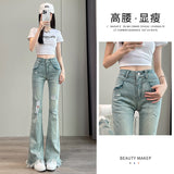 High-Rise Hole Micro-Tight Jeans Women Spring Autumn 2025 New Thin Haired Side Dragging Broad Leg Horn Pants