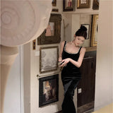 Birthday Dinner Hepburn Style Dress High-End Repair Body Open Fork Diamond Black Velvet Sling Dress Female Long