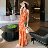 High-Level Printing Hanging Neck Thin Dress Niche High-End Design Lazy Woman Summer Holiday Dress Beach Dress