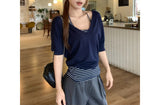 V-Neck Thin Loose Short-Sleeved Bat Sleeve T-Shirt For Women's Summer Striped Hanging Neck Sling Vest Two-Piece Top