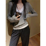 Fake Two New Autumn V-Neck Knitted Shirt Women Design Feel Solid Color Inside The Long Sleeve Bottom Top