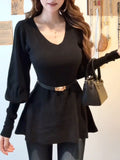 Fat MM Black V-Neck Waist T-Shirt Women's Autumn And Winter New Long Sleeves Threum Thin Tops Winter Japanese Korean Retro Wear