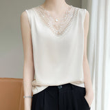 Silk Satin 2026 Spring And Summer Women's New V-Neck Sleeveless Small Vest T-Shirt Mesh Spliced Blouse Loose Sling