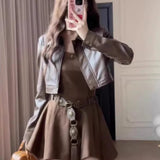 Set Of Women 2025 Spring And Autumn Korean Hottie Short Jacket Jacket Jacket Jacket Belt Sling Dress Two Sets