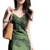 Summer New Chinese Ink Green High-Rise Sleeveless Sleeveless Sleeveless Skirt Woman With Thin Waist And Thin Dress Woman