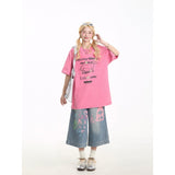 Graffiti Denim Seven-Point Trousers Women's Summer Trend New Broad-Legged Trousers Loose Straight Street Casual Shorts