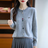 100% Pure Wool 2026 Autumn And Winter New Lady Loose Collar Design Color Buckle Top Knitted Cardigan Jacket