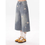 Vintage Star Print Denim Seven-Point Trousers Women's Summer New Worn Loose Broad Legs Straight 7 Points Trousers