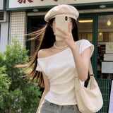 Design Sense Korean Version Of The Oblique Shoulder Collarbone Short-Sleeved T-Shirt For Women's New Summer French Texture Folded Short Top