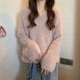 Soft Soft Glutinous Sweater Women's Autumn And Winter White Languid Wind High Sense V-Neck Knitted Shirt Loose Long-Sleeved Top
