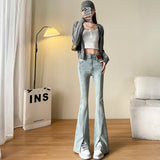 Horn Trousers Women In The Spring And Autumn Of 2025 New High-Rise Slim Slim Thin Small Horn Open Fork Buckle Jeans