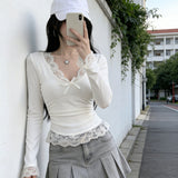 Sweet Hottie Pure Lust Lace Side Long-Sleeved T-Shirt Girl In Early Spring To Play With A T-Shirt Slimming On The Bottom Of The Shirt