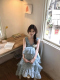 Summer Seaside Holiday Wind Blue Broken Flower With Dress Female Korean Version Sweet Fresh Temperament Waist Cake Skirt