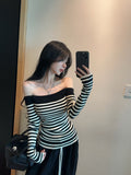 One-Word Shoulder-Striped Long-Sleeved Knitted Jersey Girl Autumn And Winter Pure Hot Girl Sexy Taut Shoulder Shirt Inside Sweater